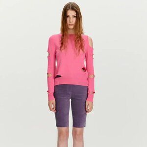 THE OPEN PRODUCT OPEN YY Pink Wool Sweater S Asymmetric Cut-Out Distressed KOREA